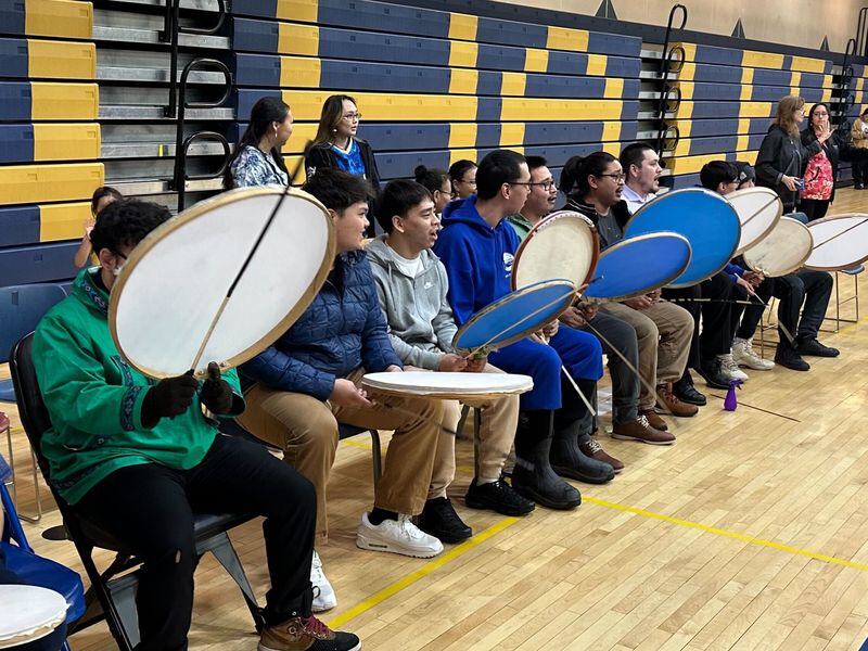 Drummers play during the opening ceremony of Alaska Association of Student Government Spring Conference in Barrow High School in April, 2024. Photo by Charles TenBroeck.