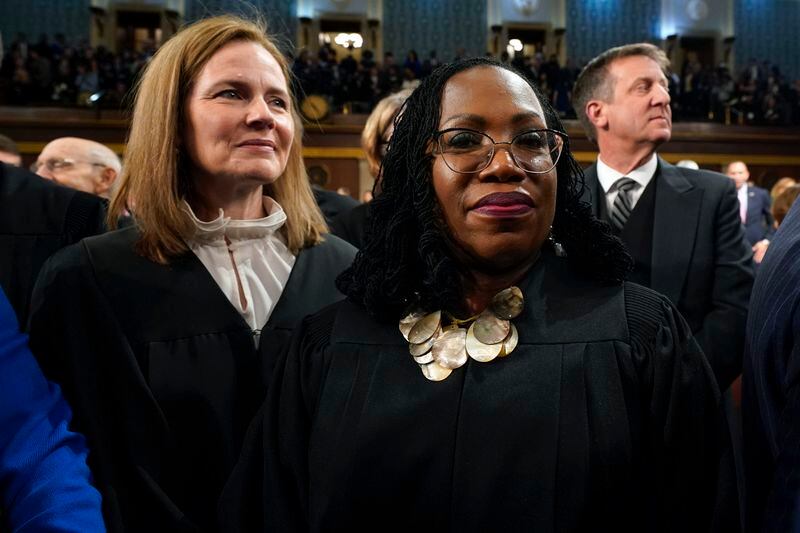 Supreme Court Justice Amy Coney Barrett and Justice Ketanji Brown Jackson watch after President Joe Biden delivered the State of the Union address to a joint session of Congress at the Capitol, Tuesday, Feb. 7, 2023, in Washington. (Jacquelyn Martin, Pool)