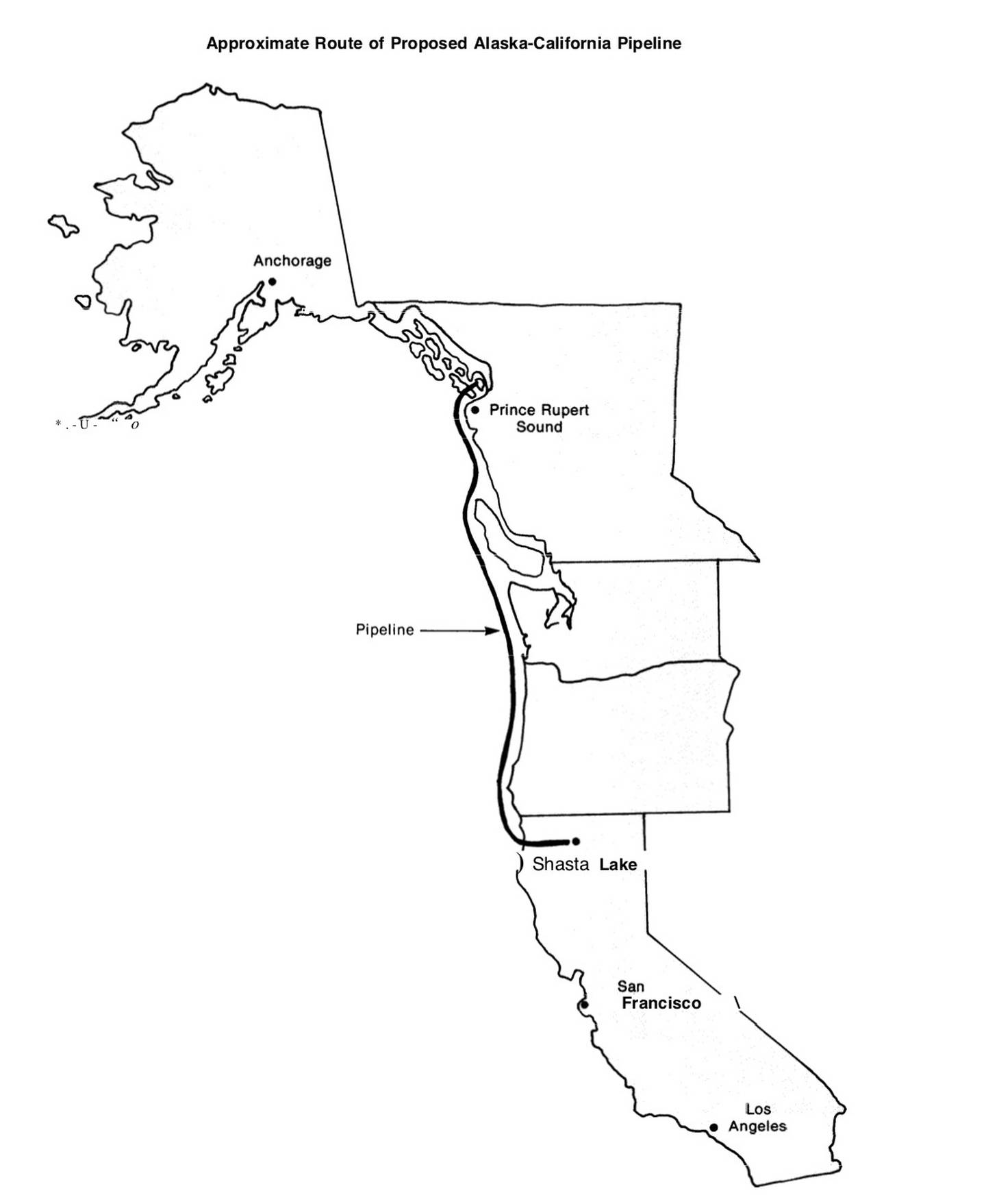 The 1992 proposed route of an undersea water pipeline from the Stikine River in Alaska to northern California.