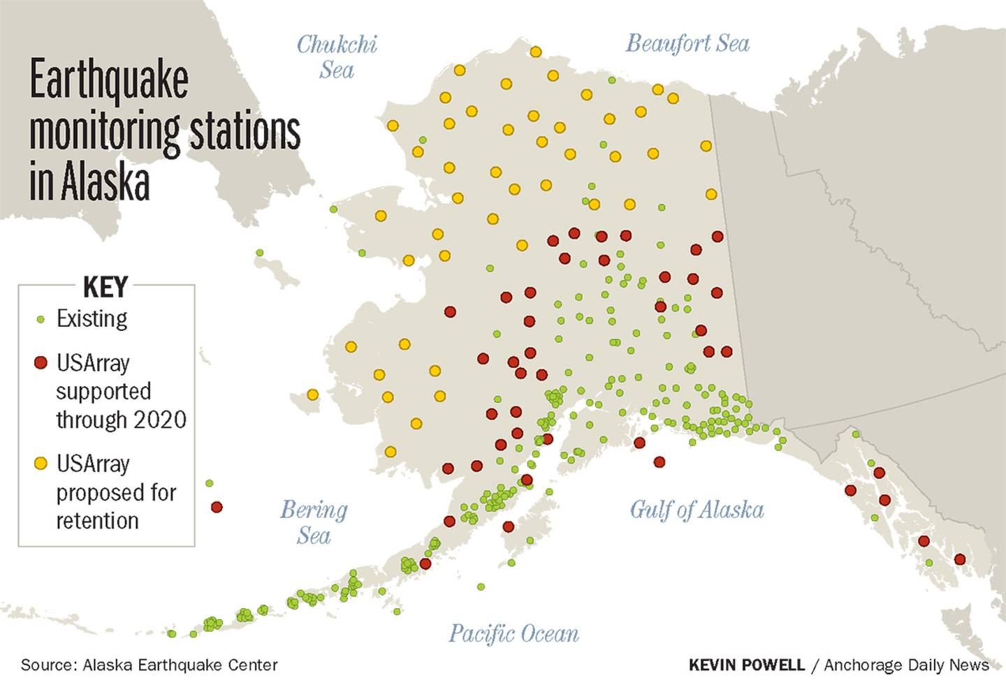 Earthquake monitoring stations in Alaska, USArray, seismic monitors