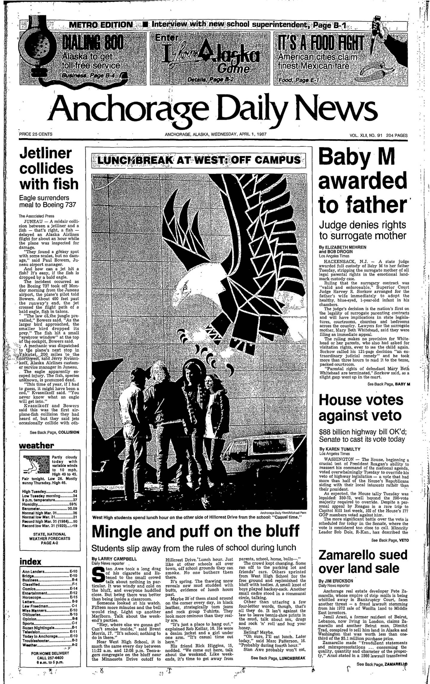The April 1, 1987 Anchorage Daily News frontpage, featuring an article titled “Jetliner Collides with Fish.”