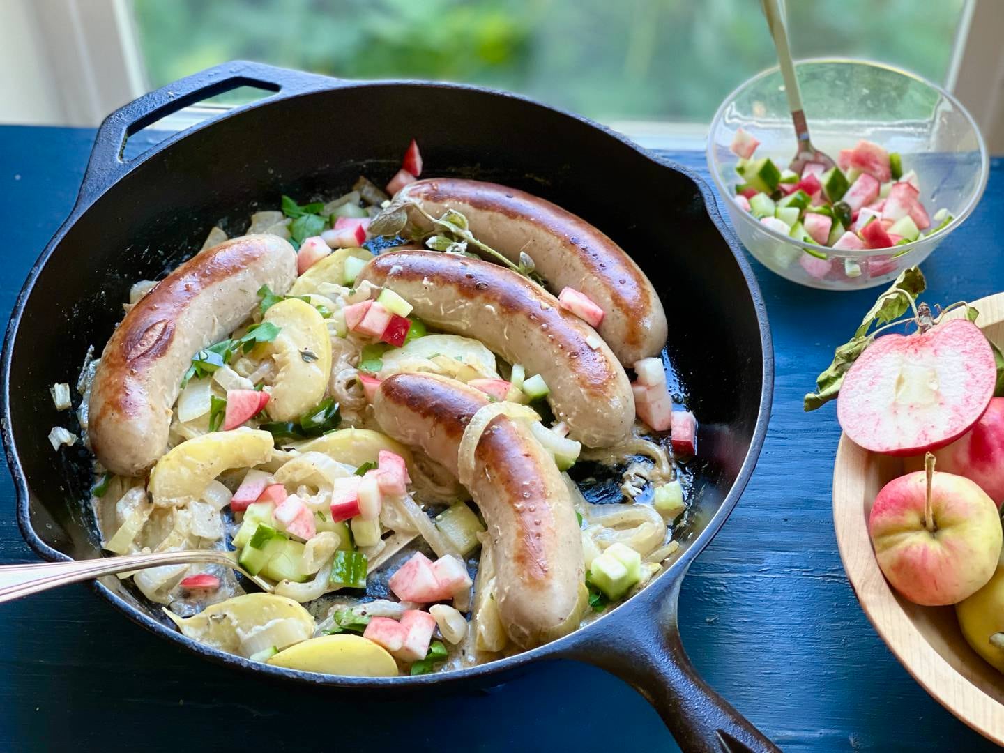 Roasted sausages and apples with onion and apple salsa.