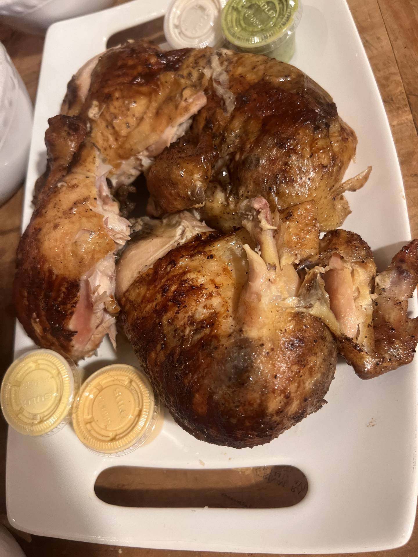 The charcoal rotisserie whole chicken is the specialty at Spinz Pollo a la Brasa