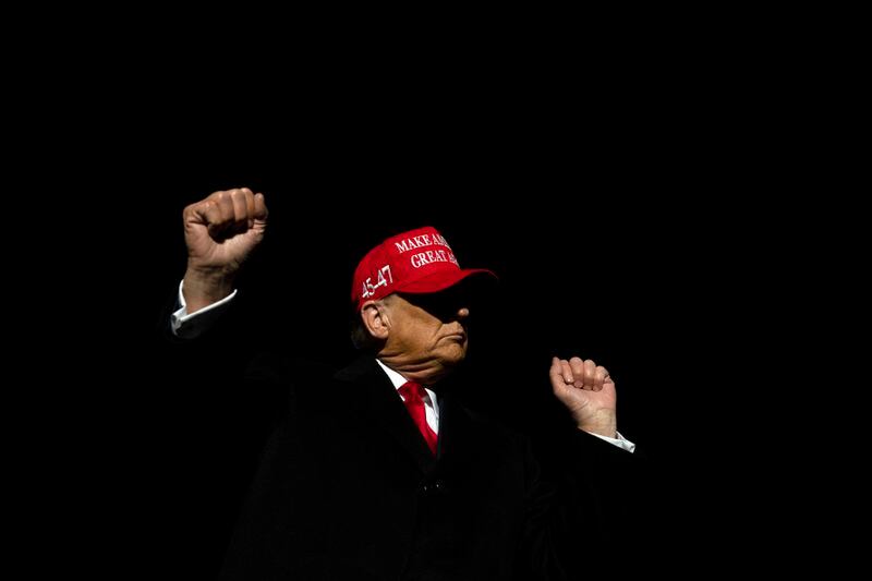 Former U.S. President Donald Trump dances during a campaign event in Schnecksville, Pa., Saturday, April 13, 2024. (AP Photo/Joe Lamberti)