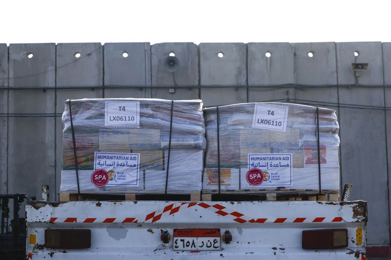 A bundle of humanitarian aid with the logo of World Central Kitchen (WCK) is seen at the Kerem Shalom border crossing to Gaza, Israel, May 1, 2024. (Evelyn Hockstein/Pool Photo via AP)