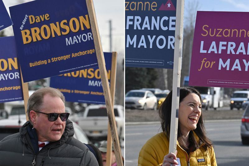 Anchorage Mayor Dave Bronson and mayoral candidate Suzanne LaFrance campaign. (Bill Roth / ADN file)