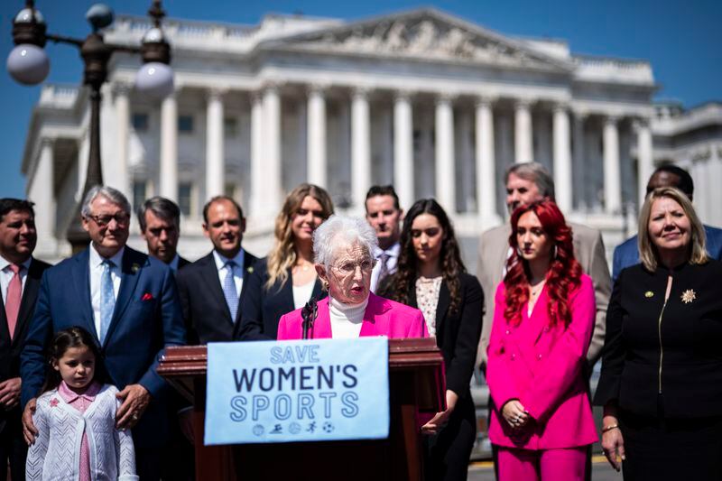 Rep. Virginia Foxx (R-N.C.) speaks with other House Republicans about the passage of the Protection of Women and Girls in Sports Act on April 20, 2023, in Washington. (Jabin Botsford/The Washington Post)