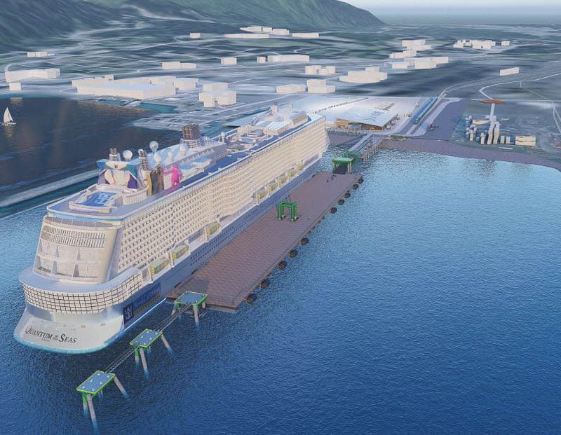 A computer rendering of the proposed dock. The Alaska Railroad is pursuing a $137 million plan to revamp its old cruise dock in Seward, after Royal Caribbean Group committed to a 30-year use of the new dock. (Rendering courtesy of The Seward Company)