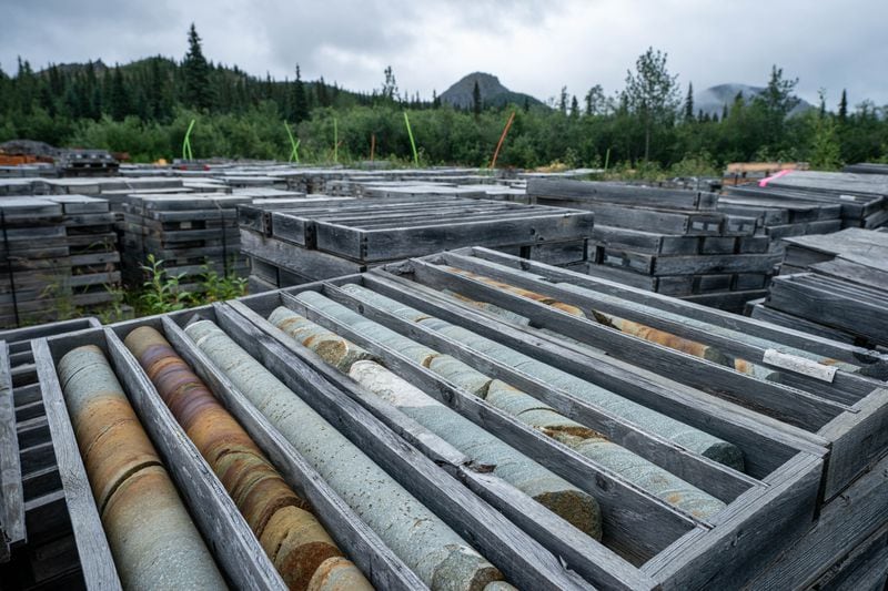 Core samples, some of which are decades old, are stored in weathered wooden boxes at Bornite, a mineral deposit and exploration camp in the Ambler Mining District, on July 24, 2021. The area has been explored for its mineral potential since the 1950s. (Loren Holmes / ADN)