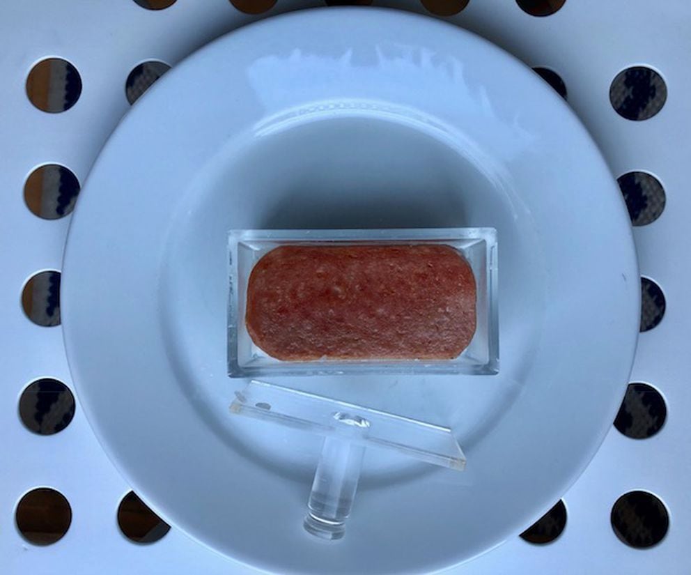 Step 2: Place a piece of warm fried Spam in the mold. (Julia O’Malley/ADN)