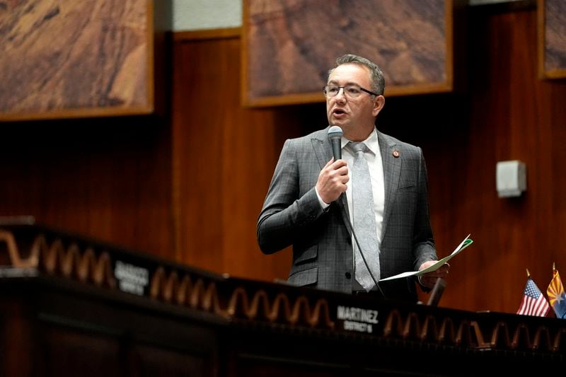 Arizona State Speaker of the House Ben Toma, R, speaks on the House floor, Wednesday, April 17, 2024, at the Capitol in Phoenix. (AP Photo/Matt York)