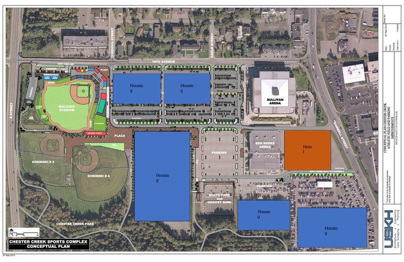 This image showing a conceptual plan to relocate and rebuild Mulcahy Stadium and open up land for residential and hotel development, one of several proposals being pitched by the Alliance for the Support of American Legion Baseball in Anchorage, was included in a slideshow presentation from the group. (Image courtesy the Alliance for the Support of American Legion Baseball in Anchorage)