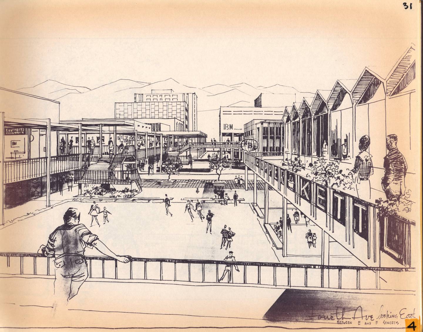 A 1964 drawing for a plan for downtown Anchorage from Fourth Avenue looking east between E and F Streets with ice rink