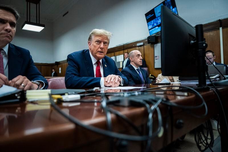 Former President Donald Trump arrives at Manhattan criminal court with his legal team ahead of the start of jury selection in New York, Monday, April 15, 2024. (Jabin Botsford/Pool Photo via AP)