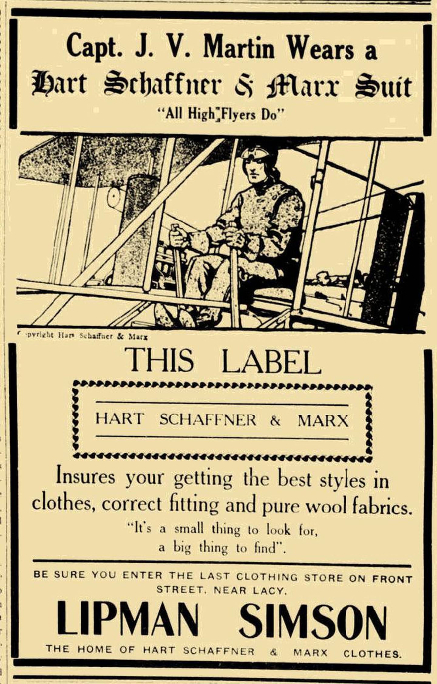 An advertisement using aviator James Martin's name and likeness to sell clothes