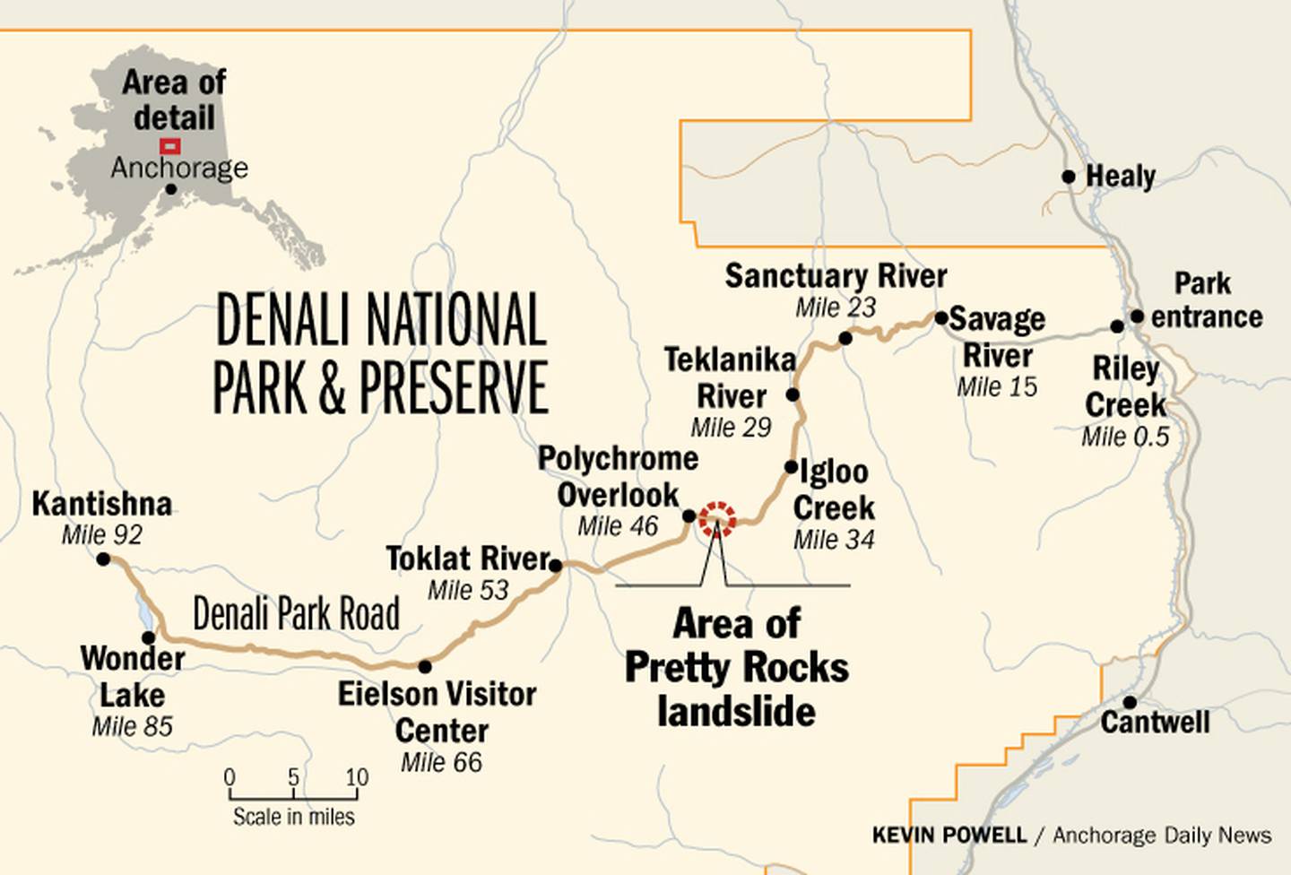 Denali Park Road, Pretty Rocks landslide, map, graphic, national park, mile markers