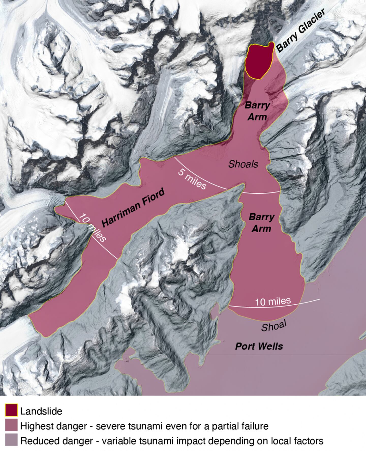 Barry Glacier landslide tsunami graphic Prince William Sound danger map