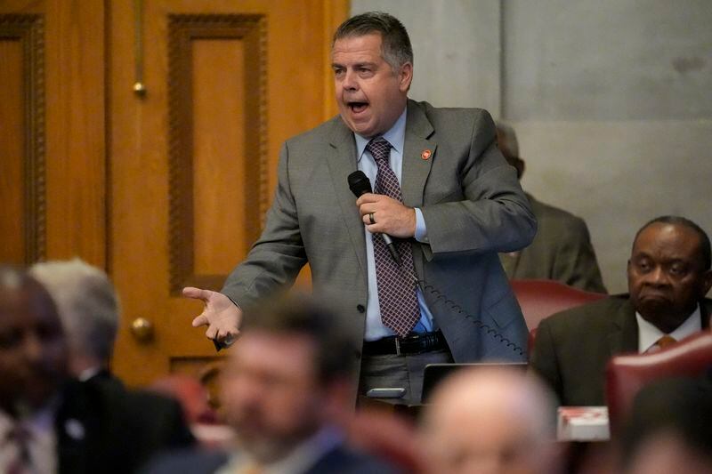 Rep. Bo Mitchell, D-Nashville, speaks against a bill that allow some teachers to be armed in schools from the House floor during a legislative session, Tuesday, April 23, 2024, in Nashville, Tenn. (AP Photo/George Walker IV)