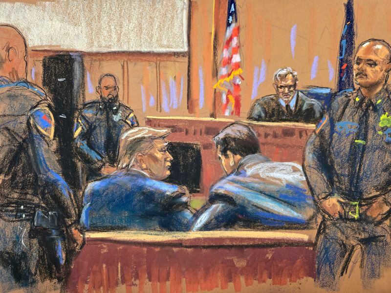 In this courtroom sketch, former U.S. President Donald Trump, left, sits with his attorney Todd Blanche before Justice Juan Merchan, at the beginning of his trial at a Manhattan criminal court in New York, Monday, April 15, 2024. (Jane Rosenberg/Pool Photo via AP)