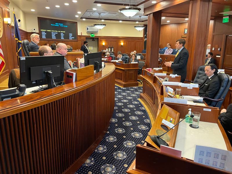 Sen. Bill Wielechowski, D-Anchorage, speaks in support of legislation that would establish community energy projects in state law in Juneau on Monday. (Sean Maguire/ADN)