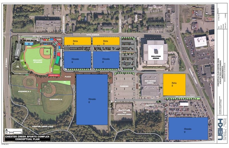 This image showing a conceptual plan to relocate and rebuild Mulcahy Stadium and open up land for residential and retail development, one of several proposals being pitched by the Alliance for the Support of American Legion Baseball in Anchorage, was included in a slideshow presentation from the group. (Image courtesy the Alliance for the Support of American Legion Baseball in Anchorage)