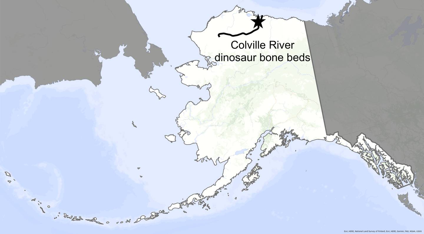 Locator map for the Colville River dinosaur bone beds