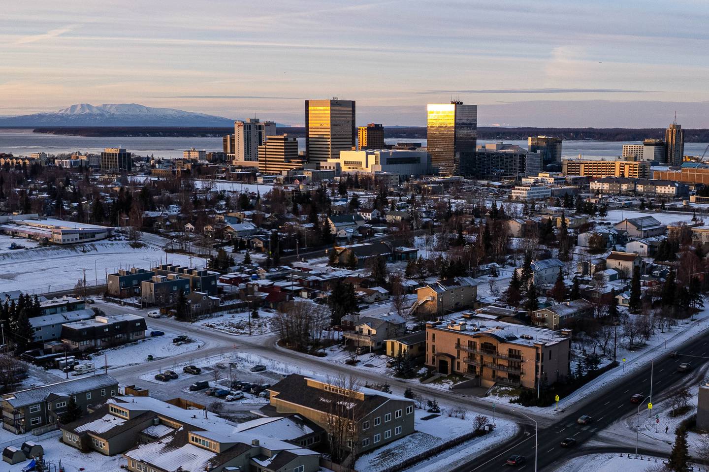 downtown, downtown anchorage, sunset, winter