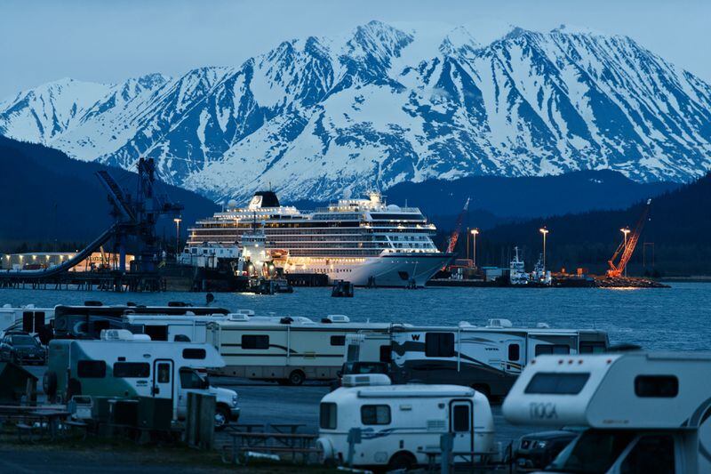 The Viking cruise ship Orion is docked in Seward on May 12, 2022. Seventy-six cruise ship dockings were planned for 2022. (Marc Lester / ADN)
