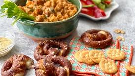 The best way to enjoy this kimchi cauliflower ‘hot wing’ dip? With a soft pretzel made from pizza dough.