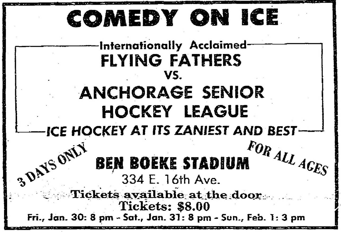 An advertisement in the Anchorage Daily News for Flying Fathers hockey games