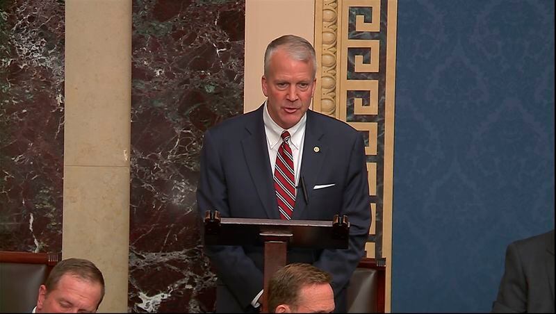 In this image from video from Senate Television, Sen. Dan Sullivan, R-Alaska, speaks during the impeachment trial of Homeland Security Secretary Alejandro Mayorkas on the Senate floor at the U.S. Capitol, Wednesday, April 17, 2024, in Washington. (Senate Television via AP)