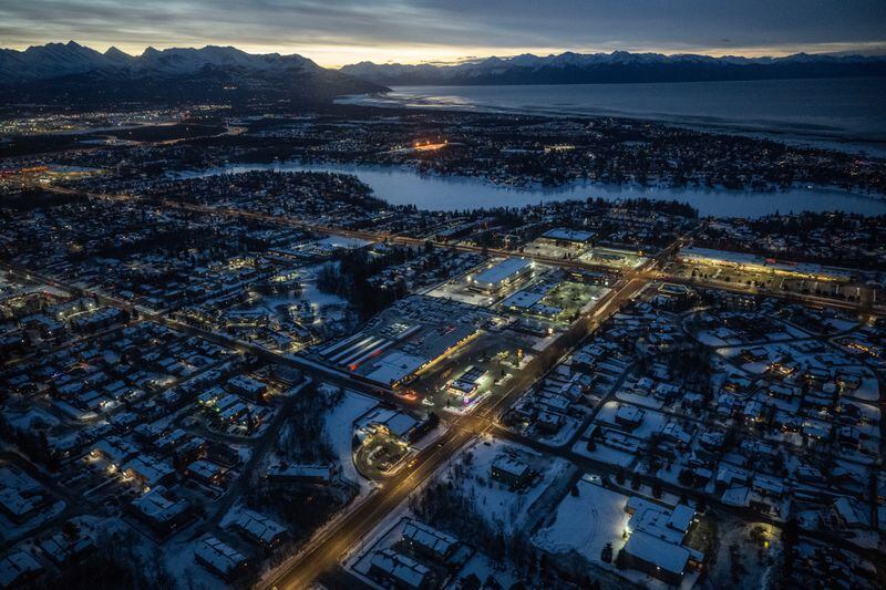 An aerial photo of Anchorage overlooking the area of Jewel Lake Road and Dimond Boulevard on December 1, 2023. (Marc Lester / ADN)