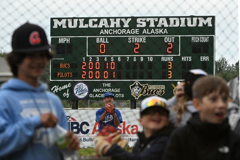 Anchorage Glacier Pilots pitcher Ethan Oceguera works from the mound during during the Pilots' 9-4 victory over the Bucs at Mulcahy Stadium on Monday, July 10, 2023. (Bill Roth / ADN)