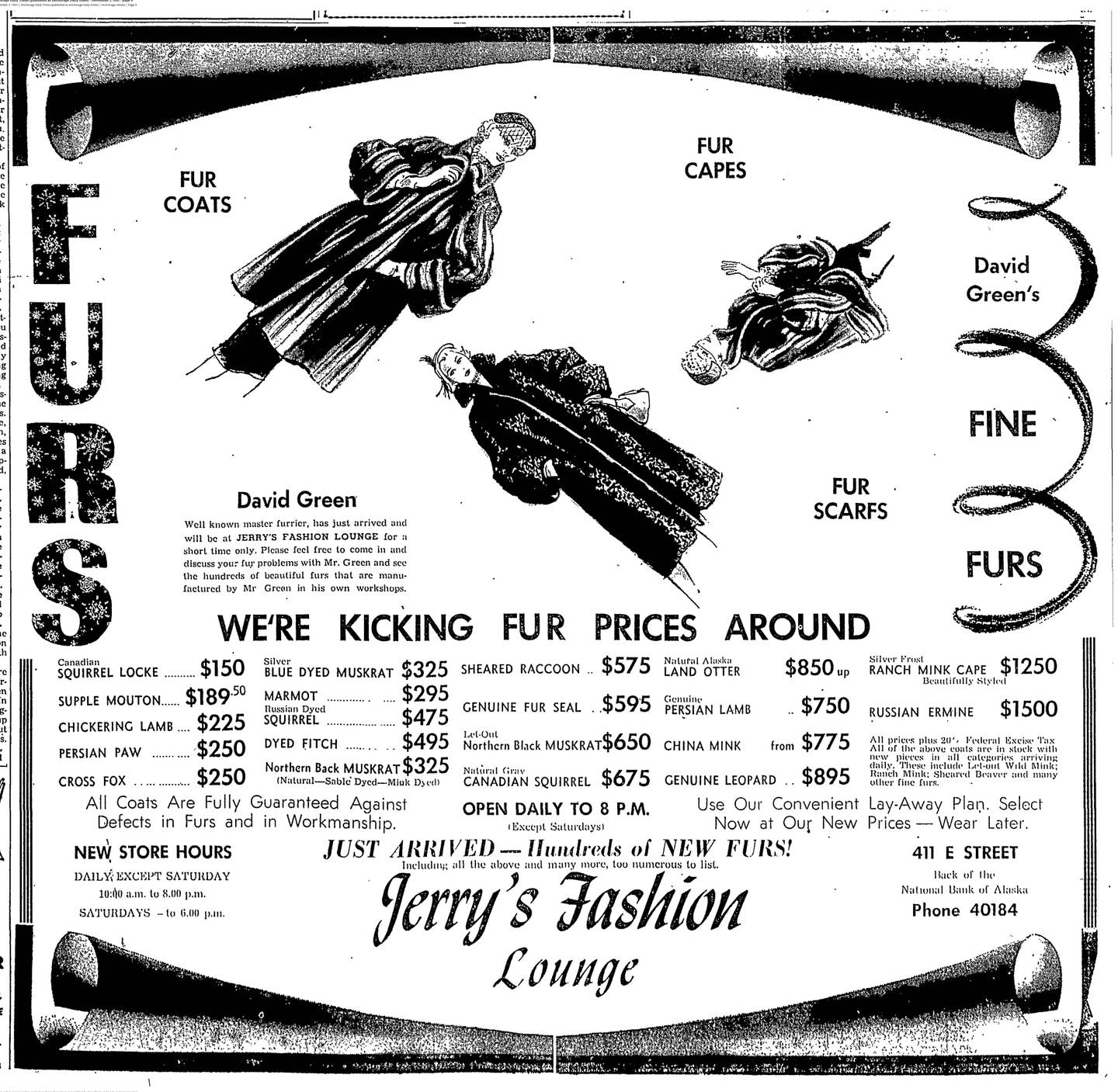 A Nov. 7, 1951 advertisement in the Anchorage Daily Times for fur coats including sheared raccoon