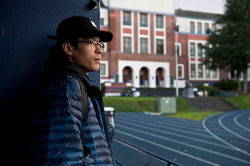 Kamaka Hepa waits to enter the Jefferson High School gym before a practice in February. Hepa moved with family members to Portland from Utqiagvik two years ago in hopes of gaining exposure to basketball opportunities. (Marc Lester / ADN)