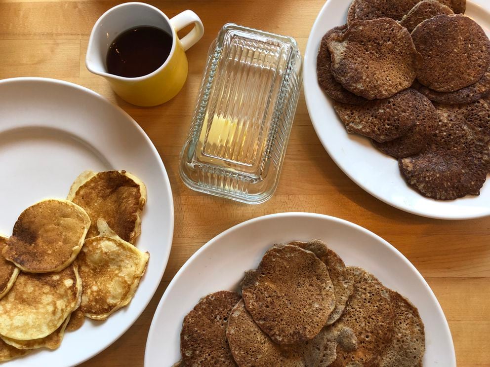 Left to right: white flour, teff flour, buckwheat sourdough pancakes. (Julia O’Malley / ADN)