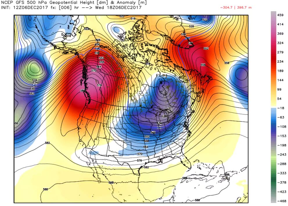 The North American Winter Dipole Pattern with a large ridge of high pressure in the Western U.S., and deep trough in the Eastern U.S., which aided in the formation of the atmospheric river on Wednesday. (National Center for Environmental Prediction)