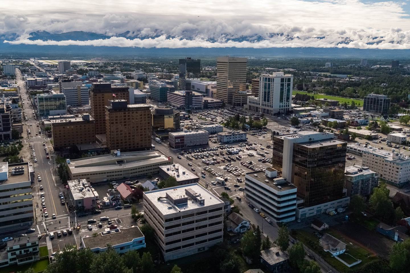 aerial, aerial photo, aerial photography, aerial photos, aerials, downtown, downtown anchorage, parking, parking lot