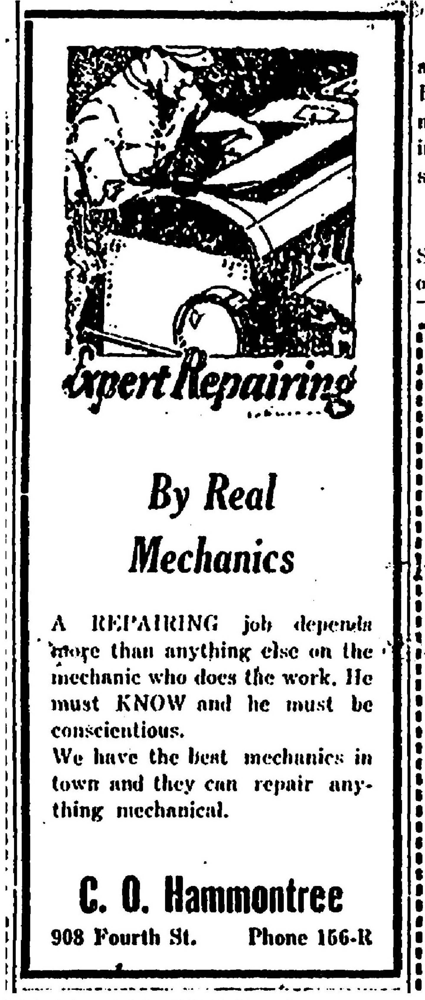 An advertisement for Charles Otis Hammontree's repair business in the May 12, 1923 edition of the Anchorage Daily Times