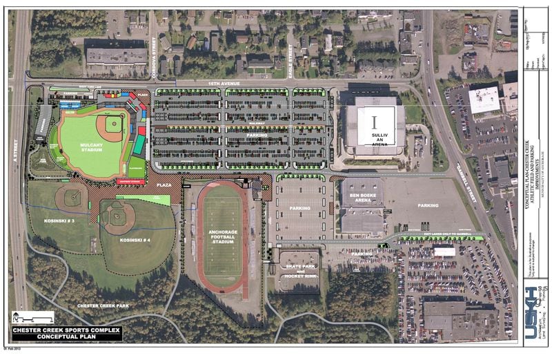 This image showing a conceptual plan to relocate and rebuild Mulcahy Stadium and add parking, one of several proposals being pitched by the Alliance for the Support of American Legion Baseball in Anchorage, was included in a slideshow presentation from the group. (Image courtesy the Alliance for the Support of American Legion Baseball in Anchorage)