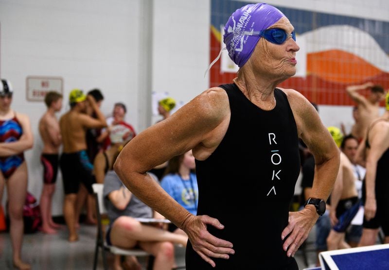 Diane Mohwinkel prepares to enter the pools in the first round. The Northern Lights Swim Club hosted the Aqua Dog 50 Free Sprint Tournament at the Service High School on April 12, 2019. (Marc Lester / ADN)