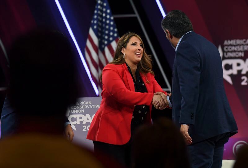 Ronna McDaniel shakes hands with Sen. Ted Cruz (R-Tex.) before taping his podcast during the Conservative Political Action Conference annual meeting on Feb. 27, 2020. (Toni L. Sandys/The Washington Post)