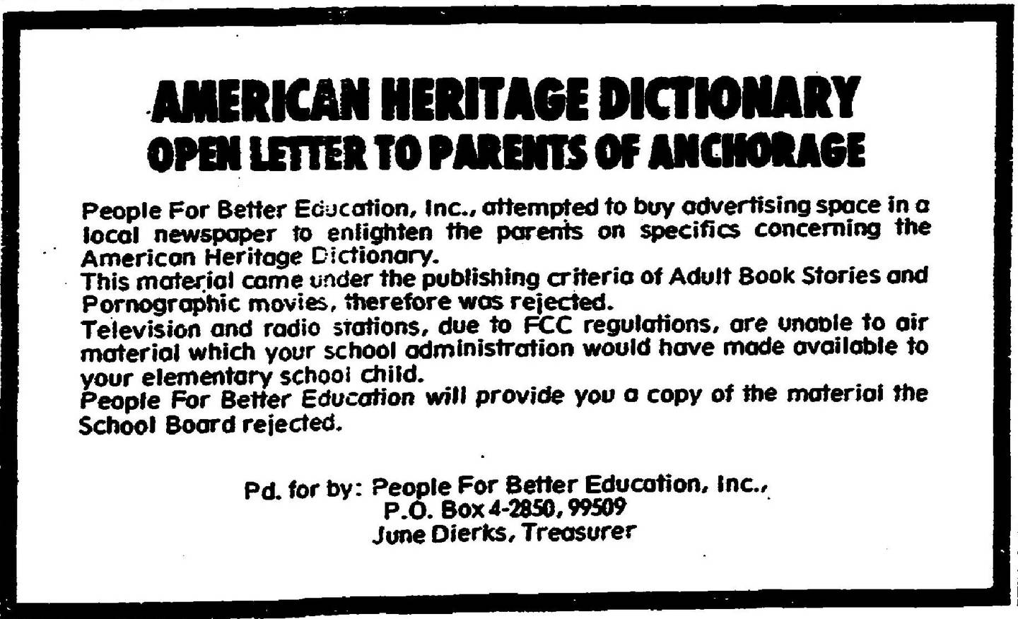 An advertisement by People For Better Education that appeared in the July 7, 1976 edition of the Anchorage Times advocating for the dictionary ban