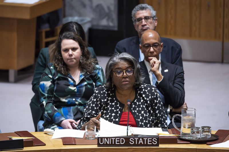 United States Ambassador and Representative to the United Nations Linda Thomas-Greenfield addresses members of the U.N. Security Council during a meeting on non-proliferation of nuclear weapons, Wednesday, April 24, 2024, at the United Nations headquarters. (AP Photo/Eduardo Munoz Alvarez)