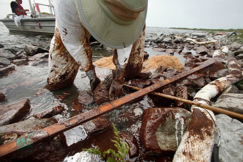 FILE - A cleanup worker picks up blobs of oil in absorbent snare on Queen Bess Island at the mouth of Barataria Bay near the Gulf of Mexico in Plaquemines Parish, La., June 4, 2010. When a deadly explosion destroyed BP's Deepwater Horizon drilling rig in the Gulf of Mexico, tens of thousands of ordinary people were hired to help clean up the environmental devastation. These workers were exposed to crude oil and the chemical dispersant Corexit while picking up tar balls along the shoreline, laying booms from fishing boats to soak up slicks and rescuing oil-covered birds. (AP Photo/Gerald Herbert, File)