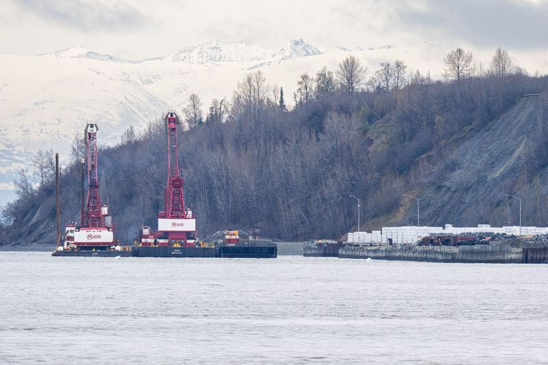 Equipment owned by Manson, a contractor hired to work on the Don Young Port of Alaska's North Extension Stabilization project, sits idle at the port on Thursday, May 9, 2024 in Anchorage. (Loren Holmes / ADN)
