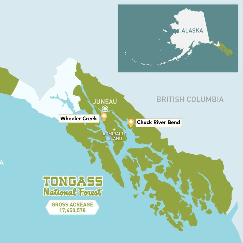 A map shows the sites in the Tongass National Forest where The Wilderness Land Trust has purchased privately owned land for conservation in designated wilderness areas. (Map provided by The Wilderness Land Trust)