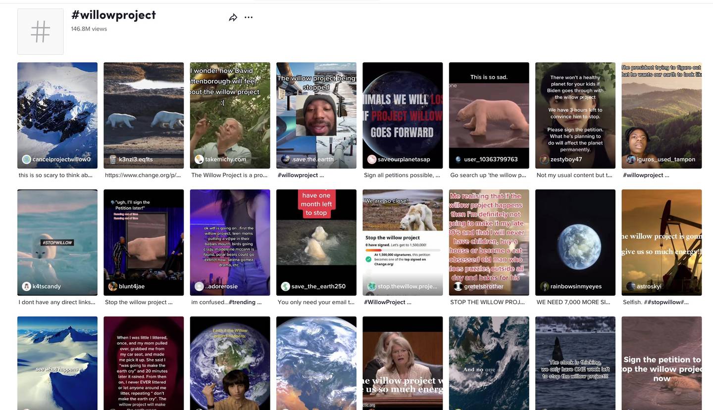 A series of posts on TikTok opposing ConocoPhillips' proposed Willow oil development in Alaska have together garnered millions of views. (Screenshot)