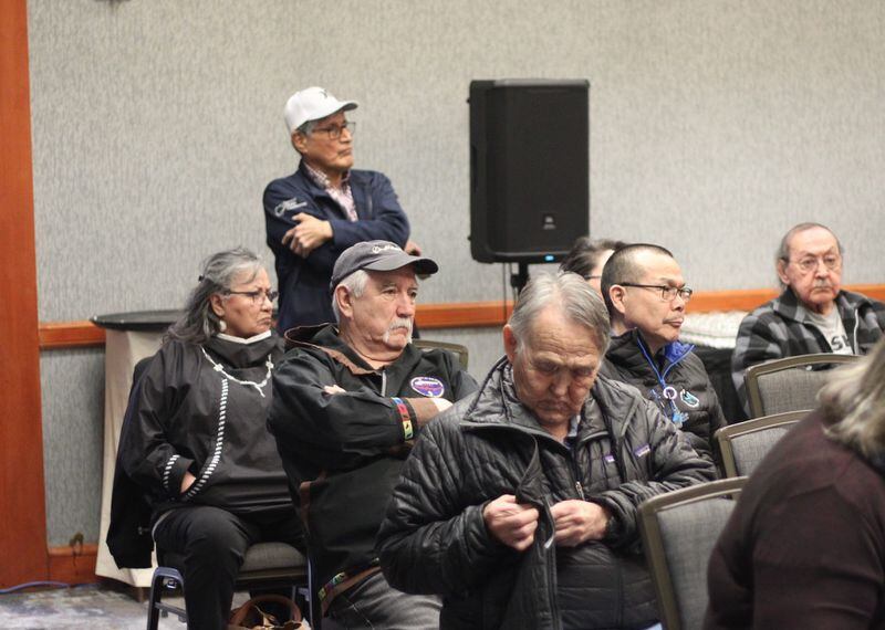 Tribal leaders from Interior Alaska villages including Nulato, Anvik and Nenana listen to this week’s meeting of the North Pacific Fishery Management Council. (Nathaniel Herz/Northern Journal)