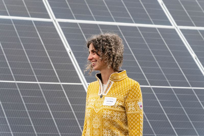 Jenn Miller, CEO of Renewable IPP, speaks at a ribbon cutting event for the Houston Solar Farm on Tuesday, Aug. 29, 2023 in Houston. The 8.5-megawatt project is currently Alaska's largest solar farm. (Loren Holmes / ADN)
